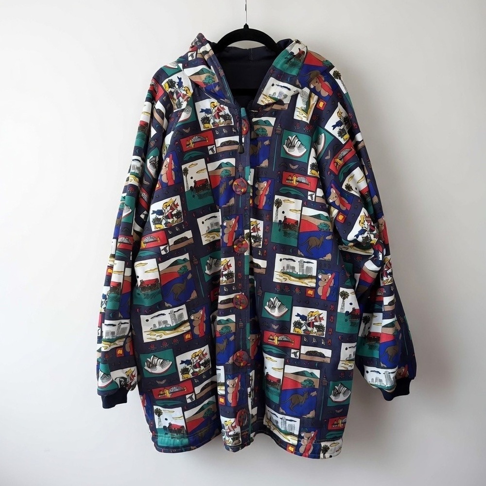 Vintage Bonz Oversized Reversible Jacket Travel‎ Aussie Postcard Print Navy Blue